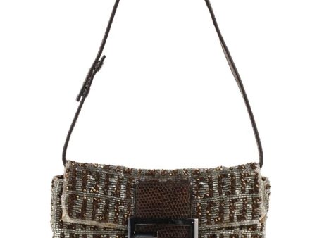 Fendi Beaded Mini Brown Canvas Baguette Online now