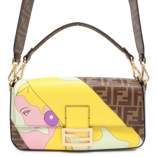 FENDI Baguette Antonio Lopez Brown Multicolor 8BR600 PVC Coated Canvas Leather Size Medium For Discount