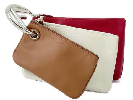 FENDI Triplet Clutch Bag Red White Brown 8BS001 Leather Cheap